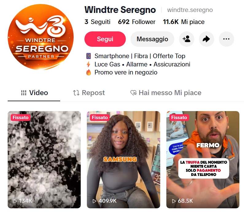 Screenshot profilo TikTok Windtre Seregno realizzato da Growganic