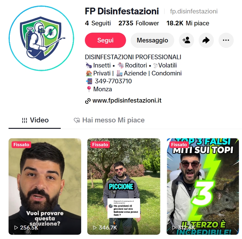 Screenshot profilo social FP Disinfestazioni realizzato da Growganic